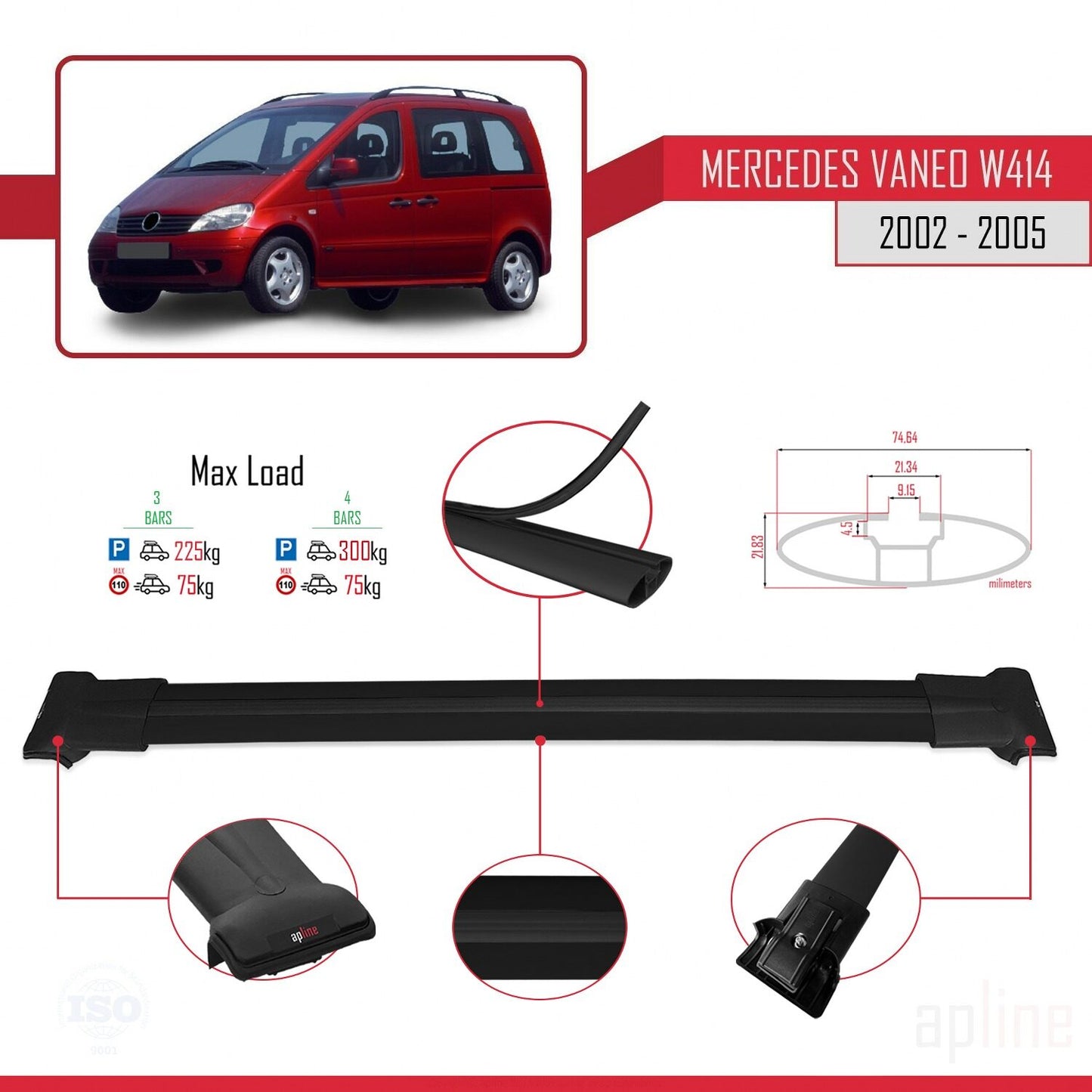 Compatible avec Mercedes Vaneo (W414) 2002-2005 FLY Model Barres de Toit Railing Porte-Bagages de Voiture Noir Aluminium 4 Barres