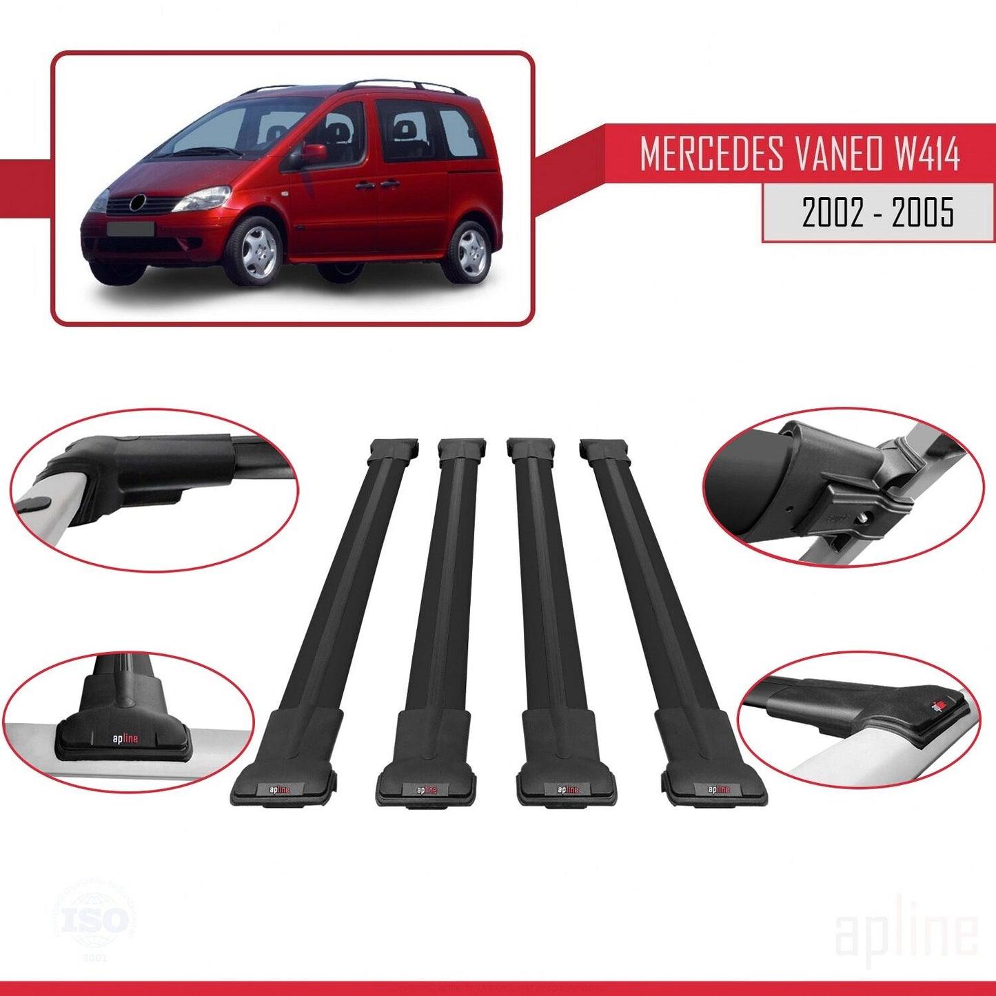 Compatible avec Mercedes Vaneo (W414) 2002-2005 FLY Model Barres de Toit Railing Porte-Bagages de Voiture Noir Aluminium 4 Barres