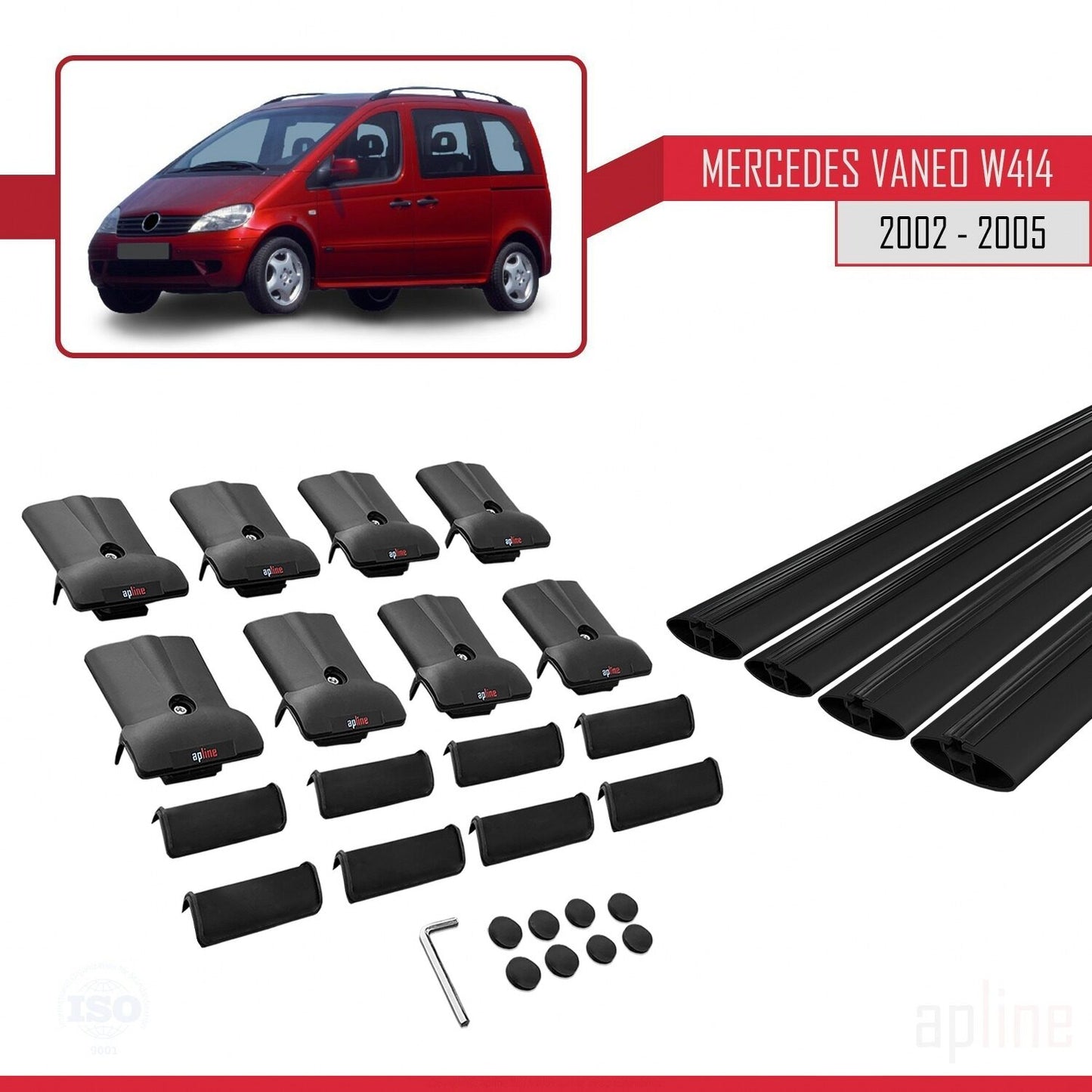 Compatible avec Mercedes Vaneo (W414) 2002-2005 FLY Model Barres de Toit Railing Porte-Bagages de Voiture Noir Aluminium 4 Barres