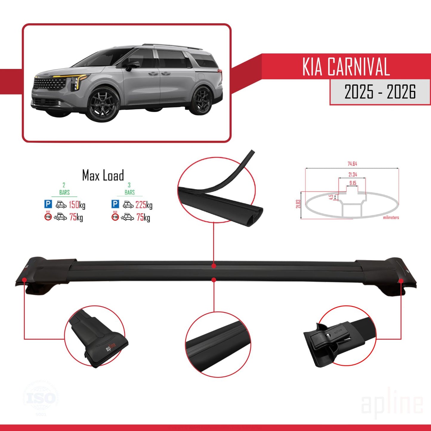 Compatible avec Kia Carnival 2025 FLY Model Barres de Toit Railing Porte-Bagages de Voiture Noir Aluminium 3 Barres