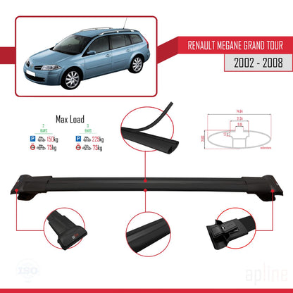 Compatible avec Renault Megane Grand Tour 2002-2008 FLY Model Barres de Toit Railing Porte-Bagages de Voiture Noir Aluminium 2 Barres