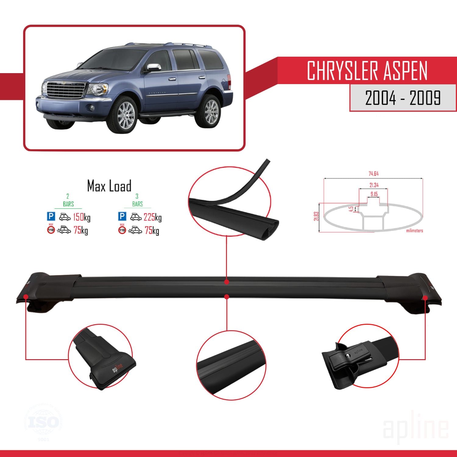 Compatible avec Chrysler Aspen 2004-2009 FLY Model Barres de Toit Railing Porte-Bagages de Voiture Noir Aluminium 2 Barres