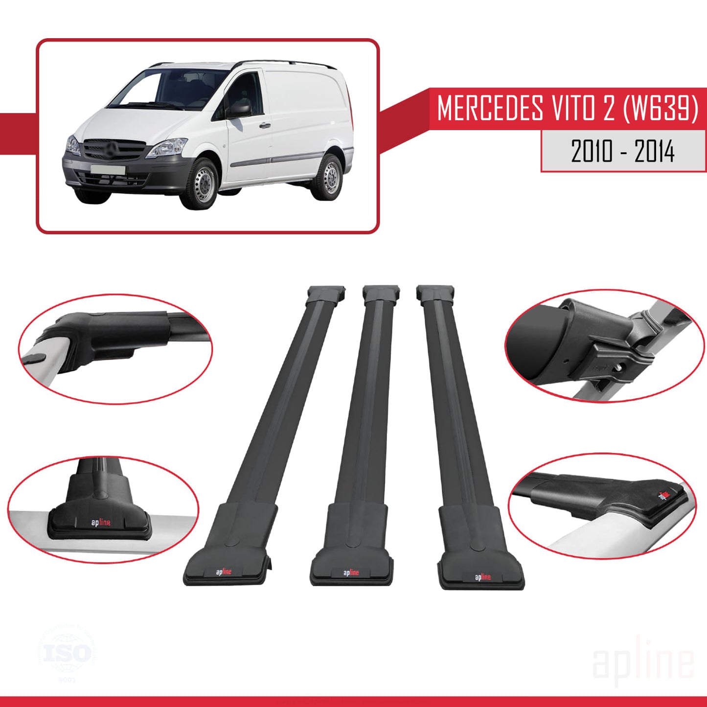 Compatible avec Mercedes Vito 2 (W639) Post-Facelift 2010-2014 FLY Model Barres de Toit Railing Porte-Bagages de Voiture Noir Aluminium 3 Barres