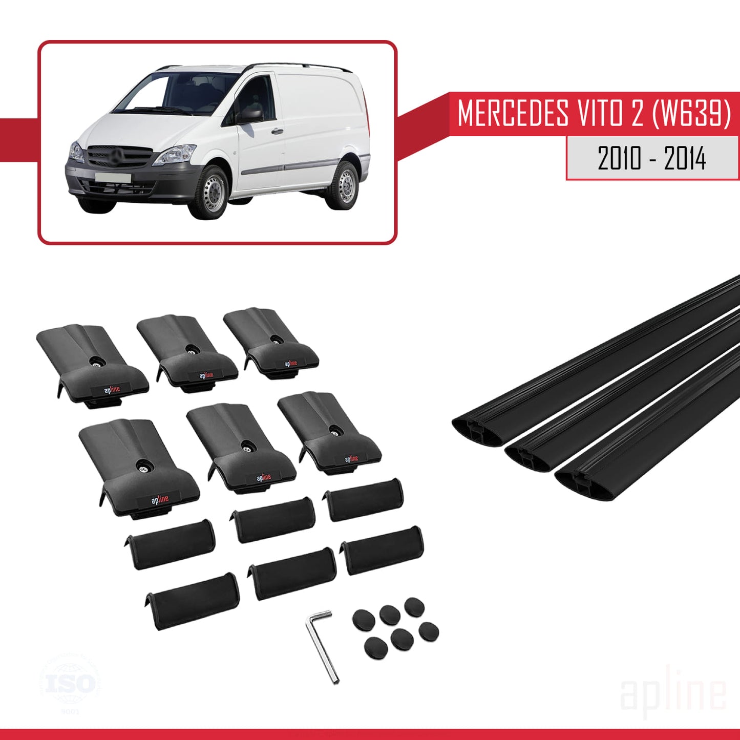 Compatible avec Mercedes Vito 2 (W639) Post-Facelift 2010-2014 FLY Model Barres de Toit Railing Porte-Bagages de Voiture Noir Aluminium 3 Barres