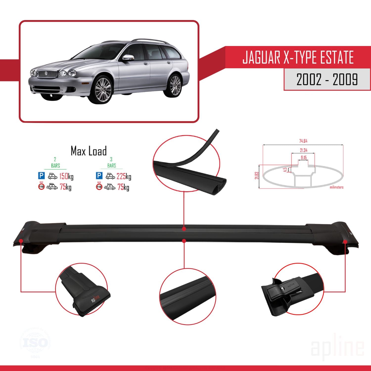 Compatible avec Jaguar X-Type Estate 2002-2009 FLY Model Barres de Toit Railing Porte-Bagages de Voiture Noir Aluminium 2 Barres