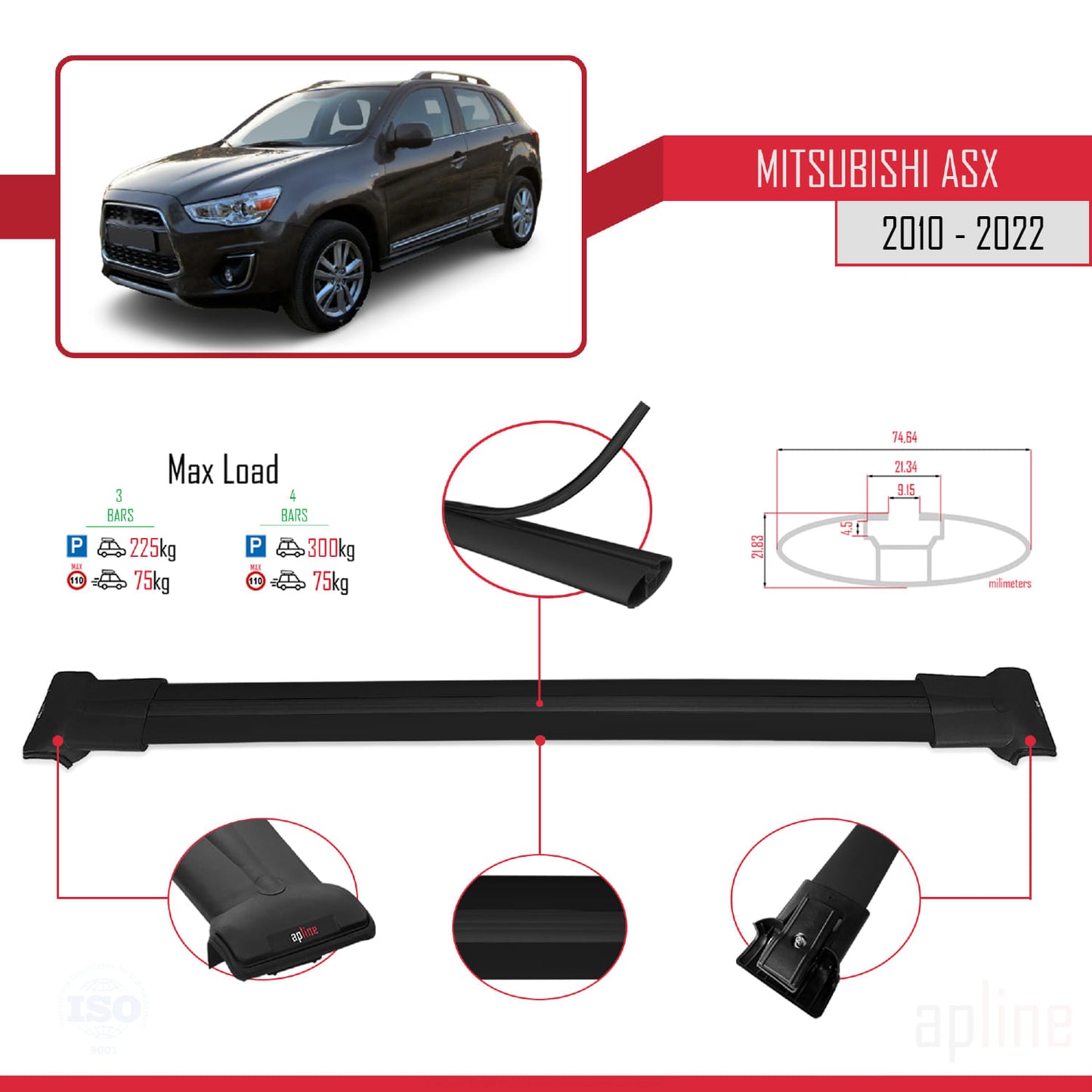 Compatible avec Mitsubishi ASX (GA) 2010-2022 FLY Model Barres de Toit Railing Porte-Bagages de Voiture Noir Aluminium 3 Barres