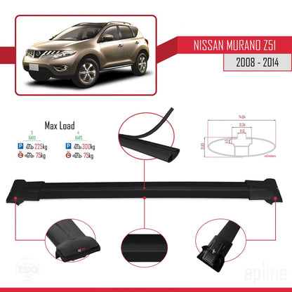 Compatible avec Nissan Murano 2 (Z51) 2008-2014 FLY Model Barres de Toit Railing Porte-Bagages de Voiture Noir Aluminium 3 Barres