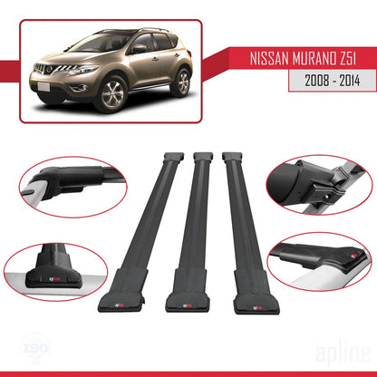 Compatible avec Nissan Murano 2 (Z51) 2008-2014 FLY Model Barres de Toit Railing Porte-Bagages de Voiture Noir Aluminium 3 Barres