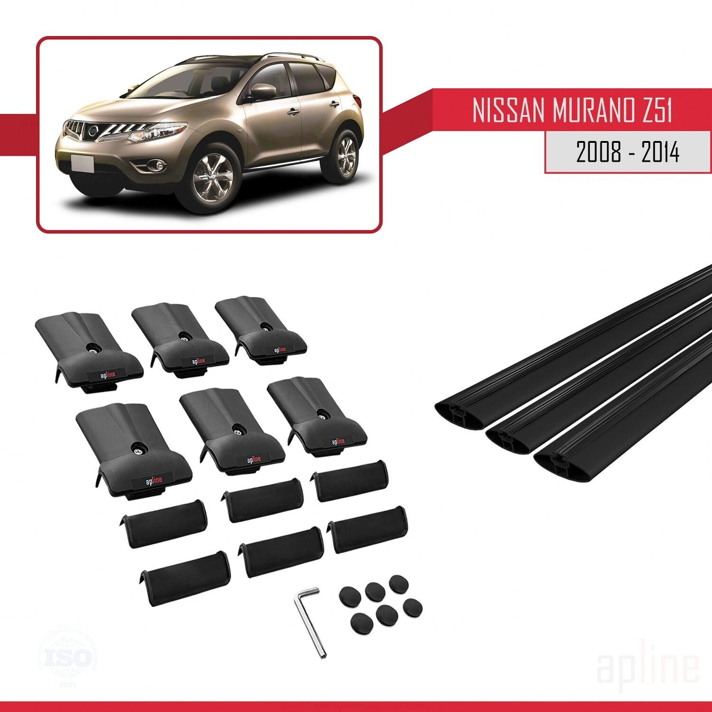 Compatible avec Nissan Murano 2 (Z51) 2008-2014 FLY Model Barres de Toit Railing Porte-Bagages de Voiture Noir Aluminium 3 Barres