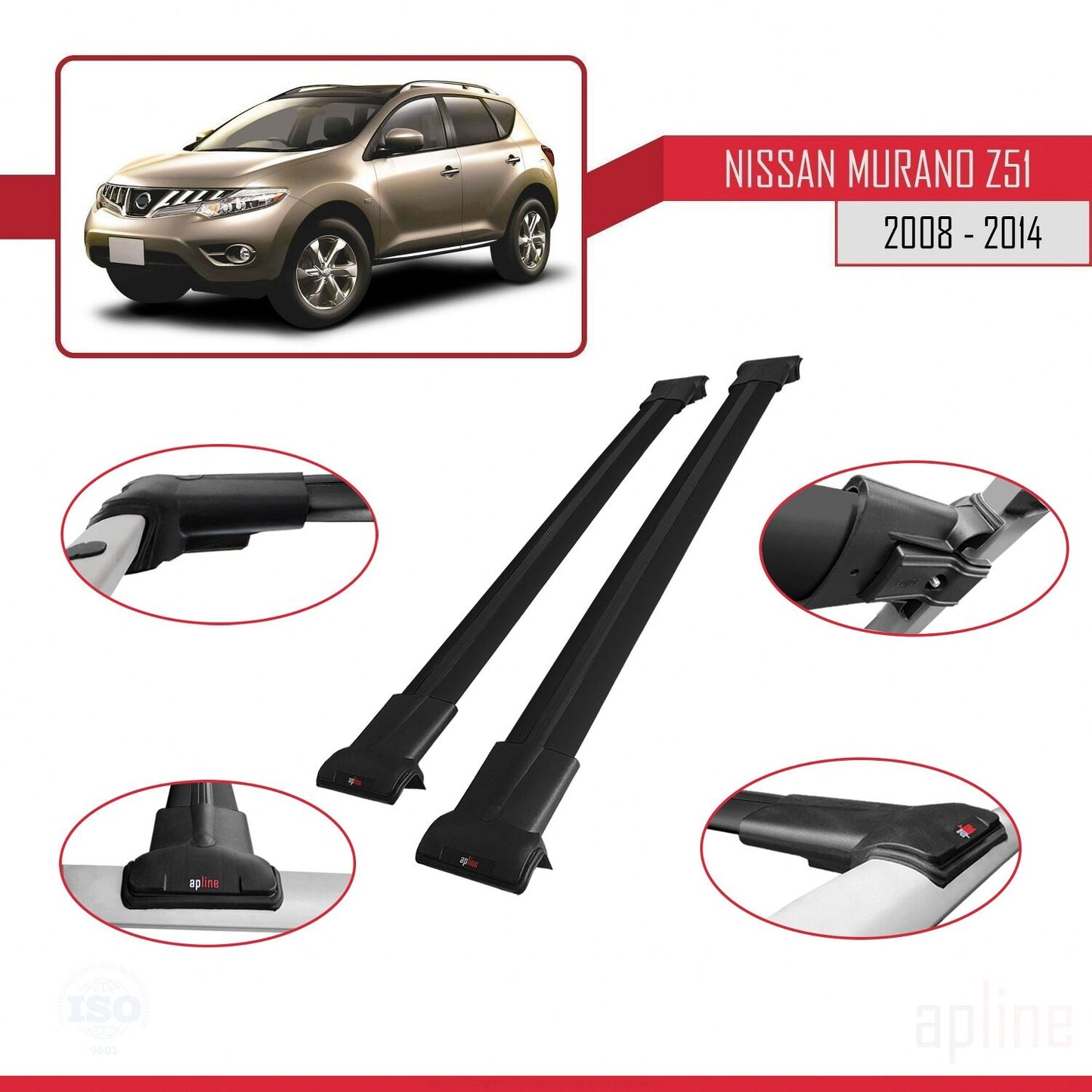 Compatible avec Nissan Murano 2 (Z51) 2008-2014 FLY Model Barres de Toit Railing Porte-Bagages de Voiture Noir Aluminium 2 Barres