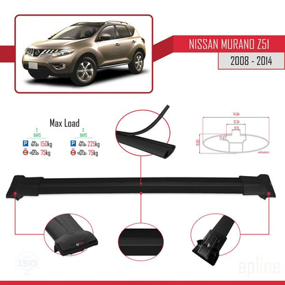 Compatible avec Nissan Murano 2 (Z51) 2008-2014 FLY Model Barres de Toit Railing Porte-Bagages de Voiture Noir Aluminium 2 Barres