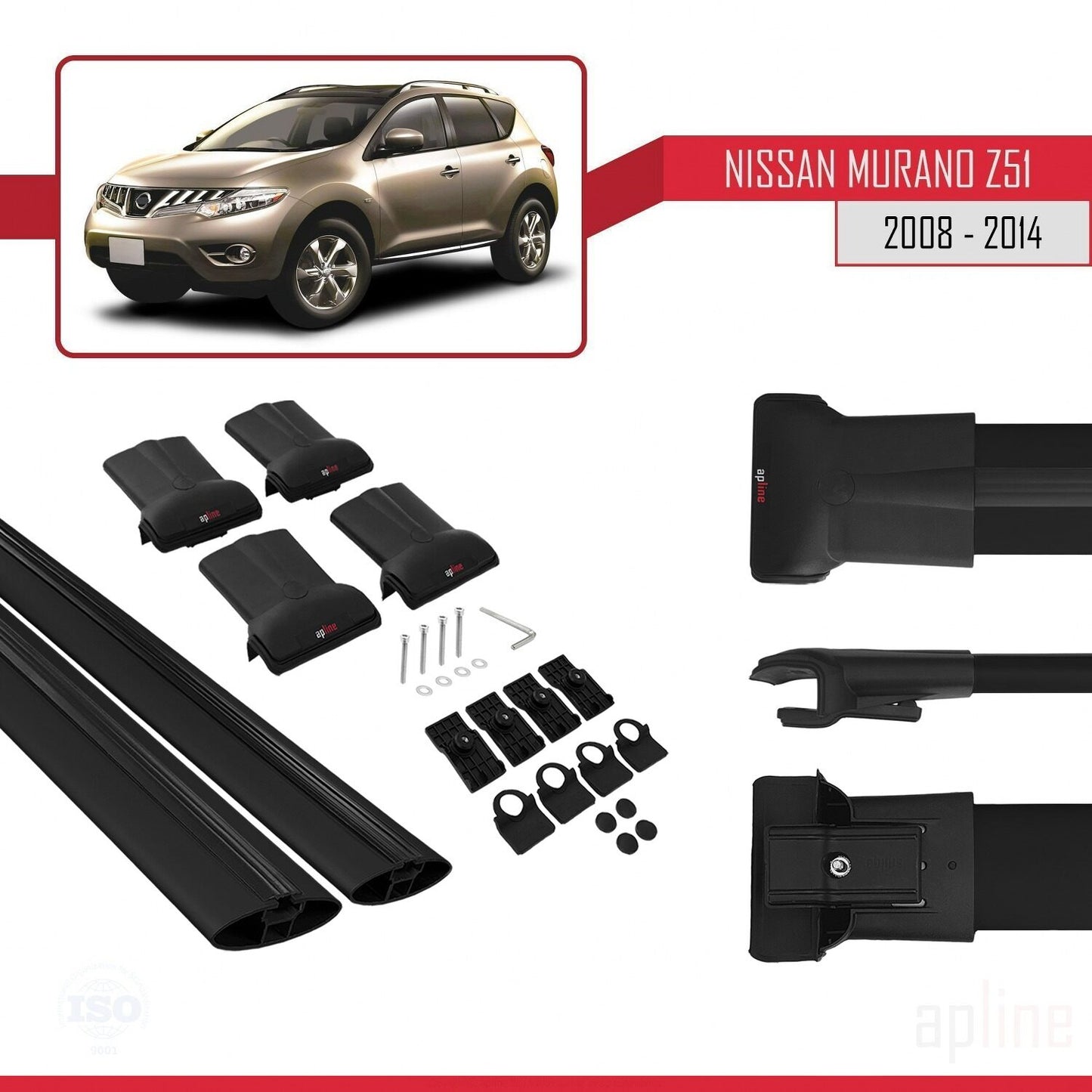 Compatible avec Nissan Murano 2 (Z51) 2008-2014 FLY Model Barres de Toit Railing Porte-Bagages de Voiture Noir Aluminium 2 Barres