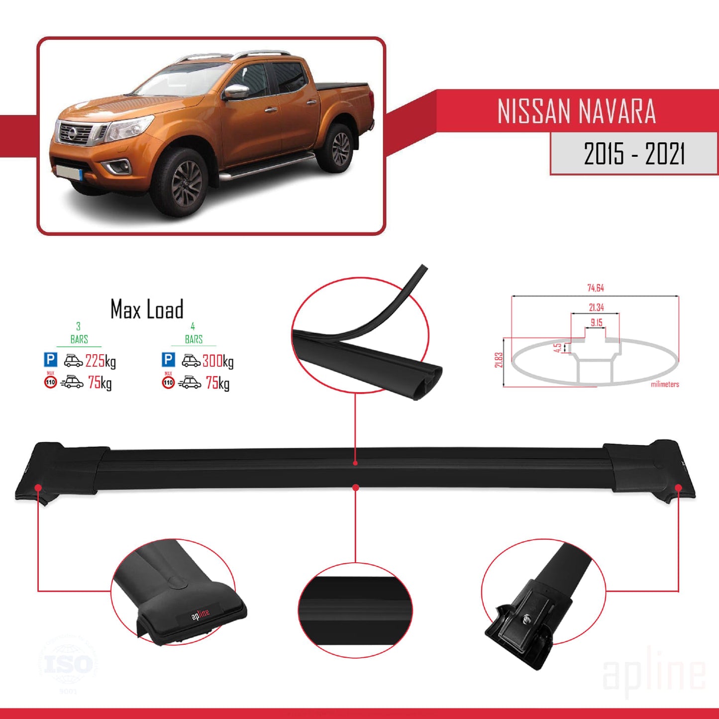 FLY Model Dakdrager bagagedrager compatibel met Nissan Navara 4 (D23) 2015-2021 Spoorstaven Zwart Aluminium 3 Staven