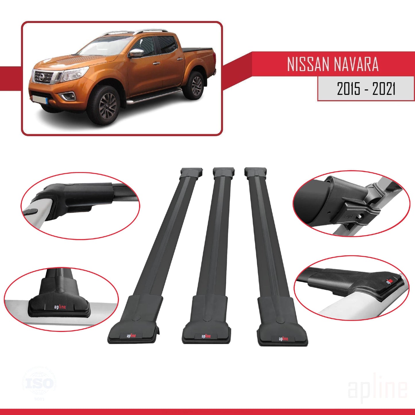 FLY Model Dakdrager bagagedrager compatibel met Nissan Navara 4 (D23) 2015-2021 Spoorstaven Zwart Aluminium 3 Staven