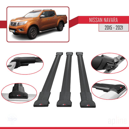 FLY Model Dakdrager bagagedrager compatibel met Nissan Navara 4 (D23) 2015-2021 Spoorstaven Zwart Aluminium 3 Staven