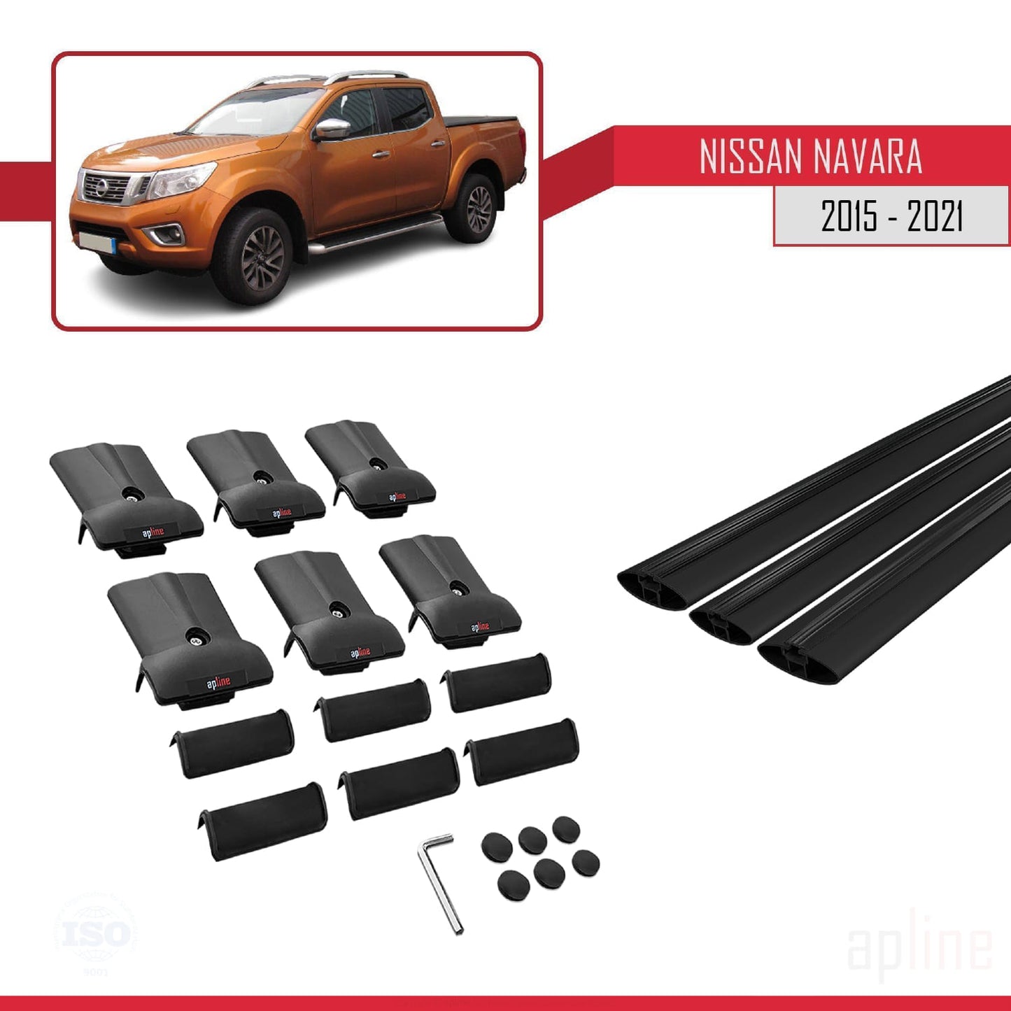 FLY Model Dakdrager bagagedrager compatibel met Nissan Navara 4 (D23) 2015-2021 Spoorstaven Zwart Aluminium 3 Staven