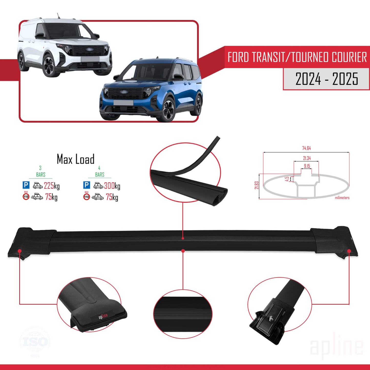 FLY Model Dakdrager bagagedrager compatibel met Ford Transit/Tourneo Courier 2024-2025 Spoorstaven Zwart Aluminium 3 Staven