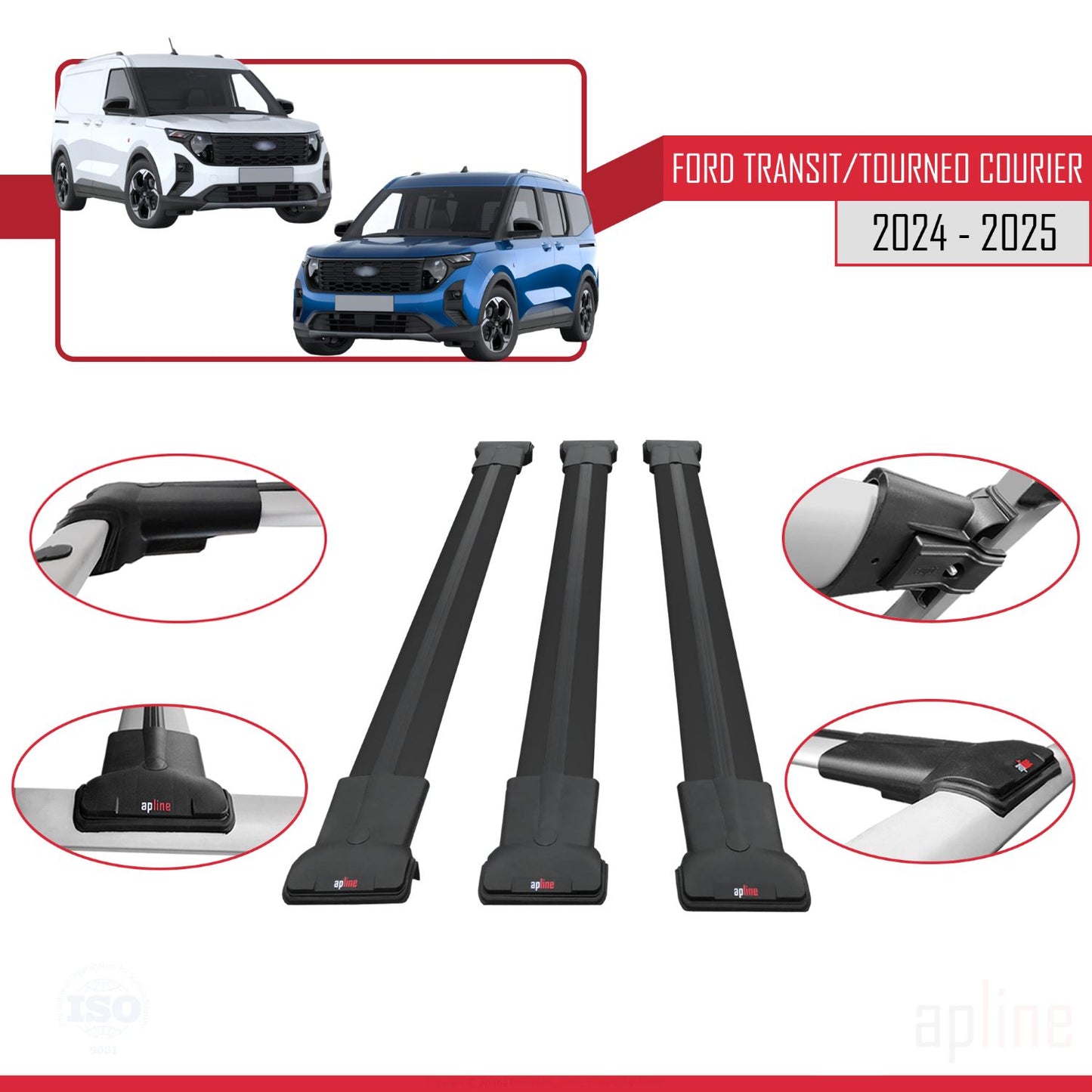 FLY Model Dakdrager bagagedrager compatibel met Ford Transit/Tourneo Courier 2024-2025 Spoorstaven Zwart Aluminium 3 Staven