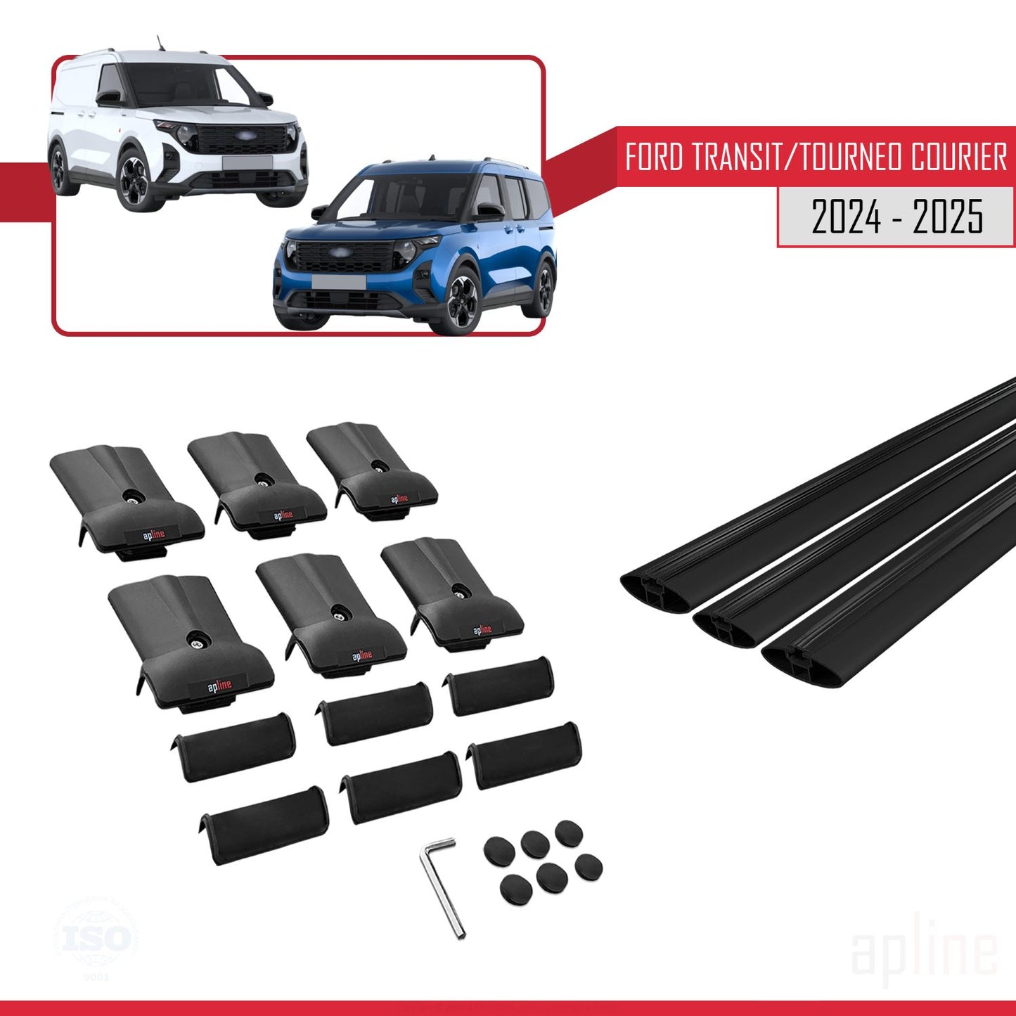 FLY Model Dakdrager bagagedrager compatibel met Ford Transit/Tourneo Courier 2024-2025 Spoorstaven Zwart Aluminium 3 Staven