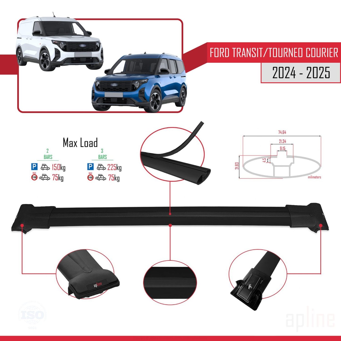 FLY Model Dakdrager bagagedrager compatibel met Ford Transit/Tourneo Courier 2024-2025 Spoorstaven Zwart Aluminium 4 Staven