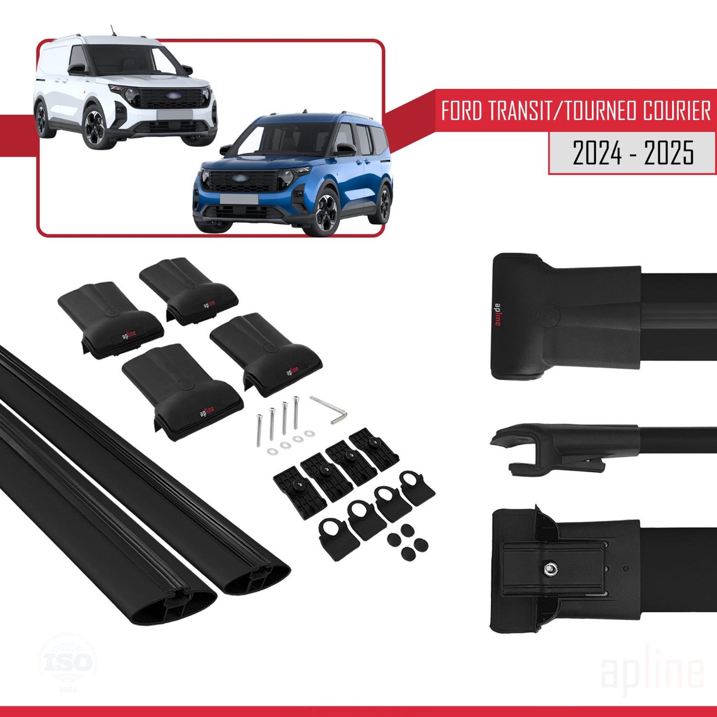 FLY Model Dakdrager bagagedrager compatibel met Ford Transit/Tourneo Courier 2024-2025 Spoorstaven Zwart Aluminium 4 Staven