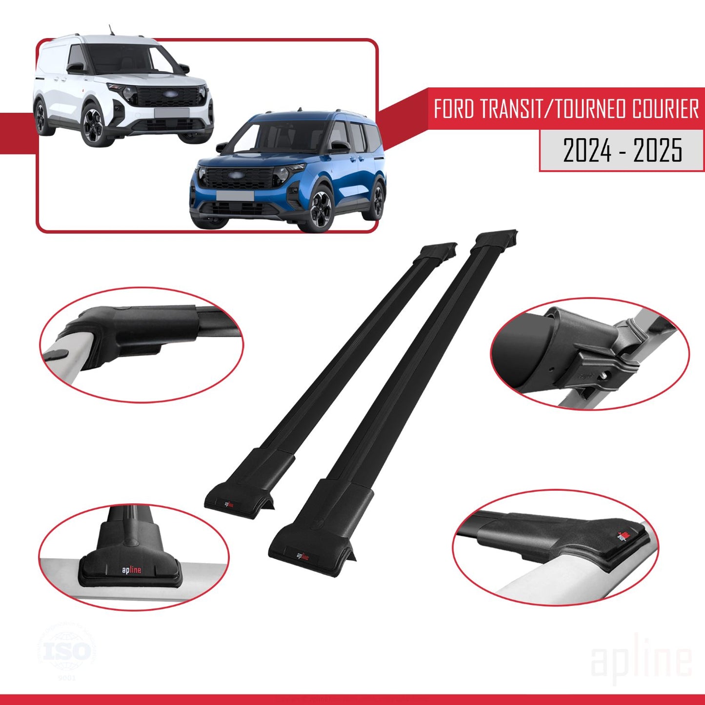 FLY Model Dakdrager bagagedrager compatibel met Ford Transit/Tourneo Courier 2024-2025 Spoorstaven Zwart Aluminium 2 Staven