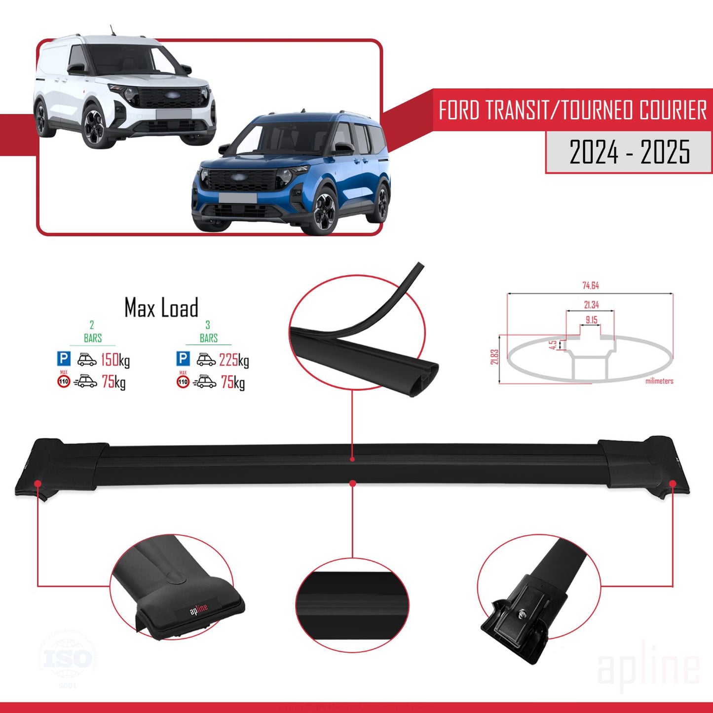 FLY Model Dakdrager bagagedrager compatibel met Ford Transit/Tourneo Courier 2024-2025 Spoorstaven Zwart Aluminium 2 Staven