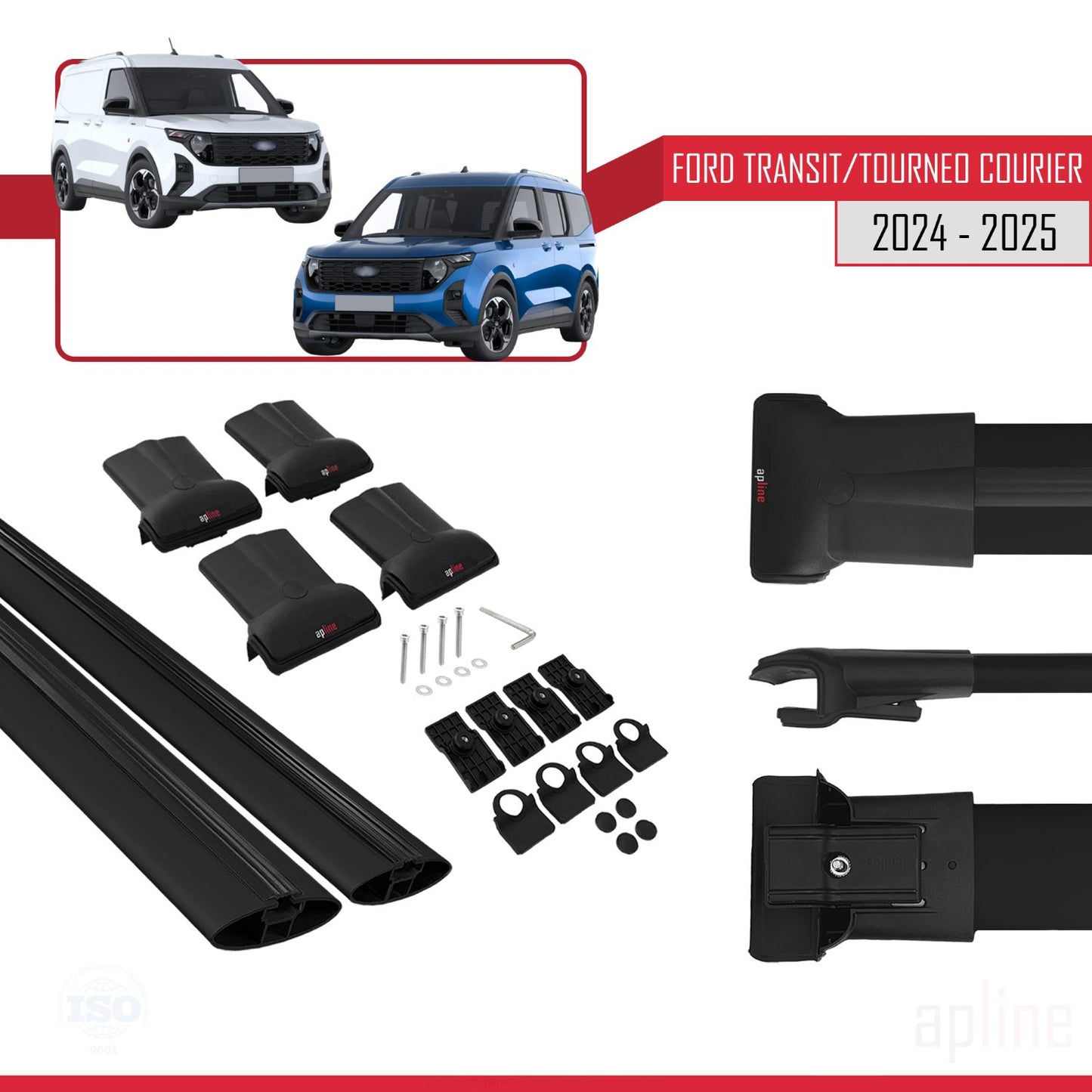 FLY Model Dakdrager bagagedrager compatibel met Ford Transit/Tourneo Courier 2024-2025 Spoorstaven Zwart Aluminium 2 Staven
