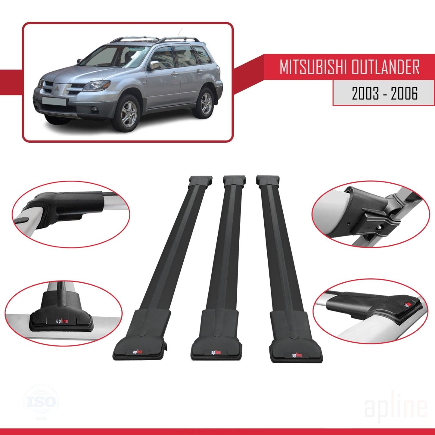 FLY Model Dakdrager bagagedrager compatibel met Mitsubishi Outlander 2003-2006 Spoorstaven Zwart Aluminium 3 Staven