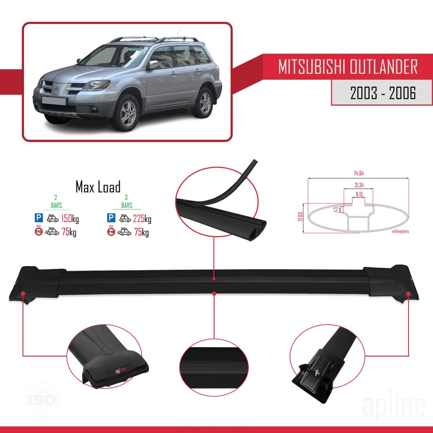 Compatible avec Mitsubishi Outlander 2003-2006 FLY Model Barres de Toit Railing Porte-Bagages de Voiture Noir Aluminium 2 Barres