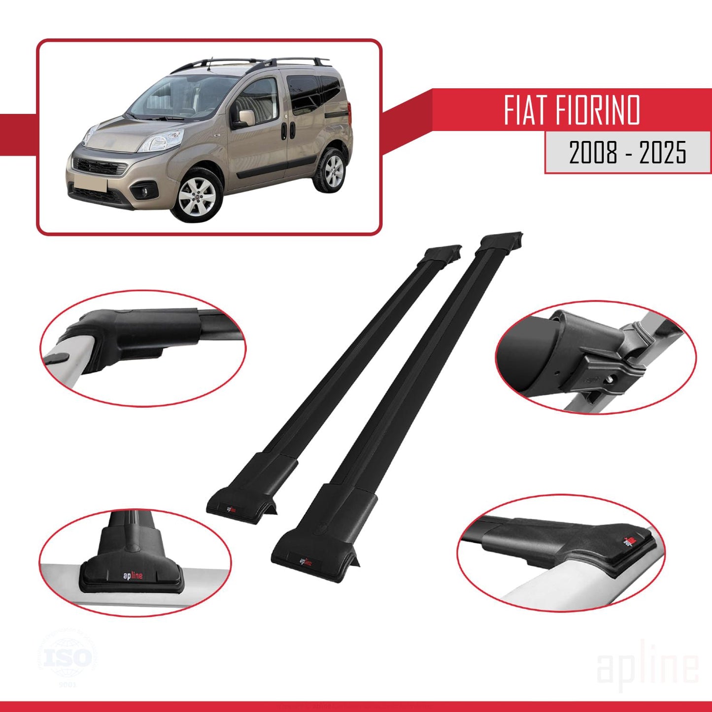 Compatible avec Fiat Fiorino (Modèle Tubulaire) FLY Model Barres de Toit Railing Porte-Bagages de Voiture Noir Aluminium 2 Barres
