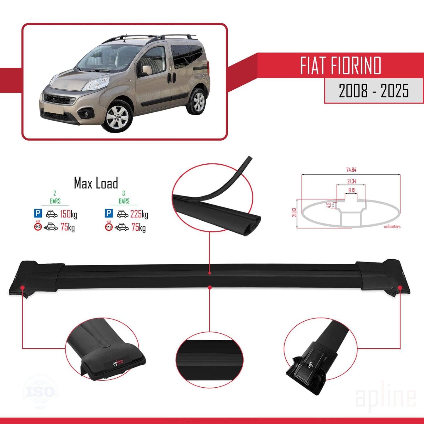 Compatible avec Fiat Fiorino (Modèle Tubulaire) FLY Model Barres de Toit Railing Porte-Bagages de Voiture Noir Aluminium 2 Barres