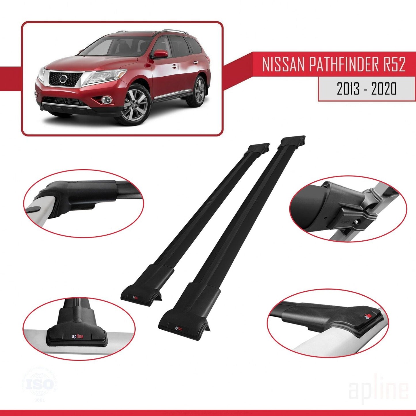 Compatible avec Nissan Pathfinder 4 (R52) 2013-2020 FLY Model Barres de Toit Railing Porte-Bagages de Voiture Noir Aluminium 2 Barres