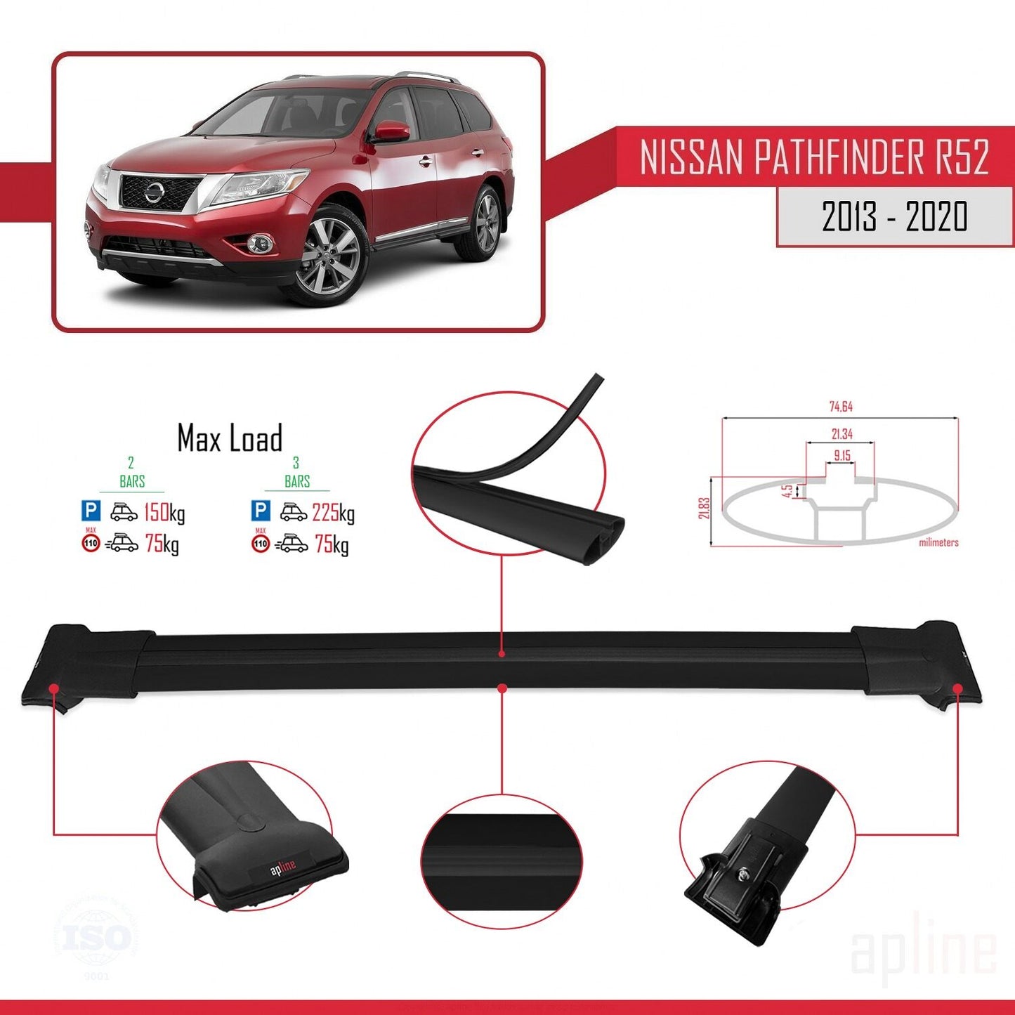 Compatible avec Nissan Pathfinder 4 (R52) 2013-2020 FLY Model Barres de Toit Railing Porte-Bagages de Voiture Noir Aluminium 2 Barres