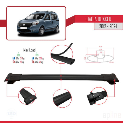 Compatible avec Dacia Dokker (K67) 2012-2024 V2 FLY Model Barres de Toit Railing Porte-Bagages de Voiture Noir Aluminium 3 Barres