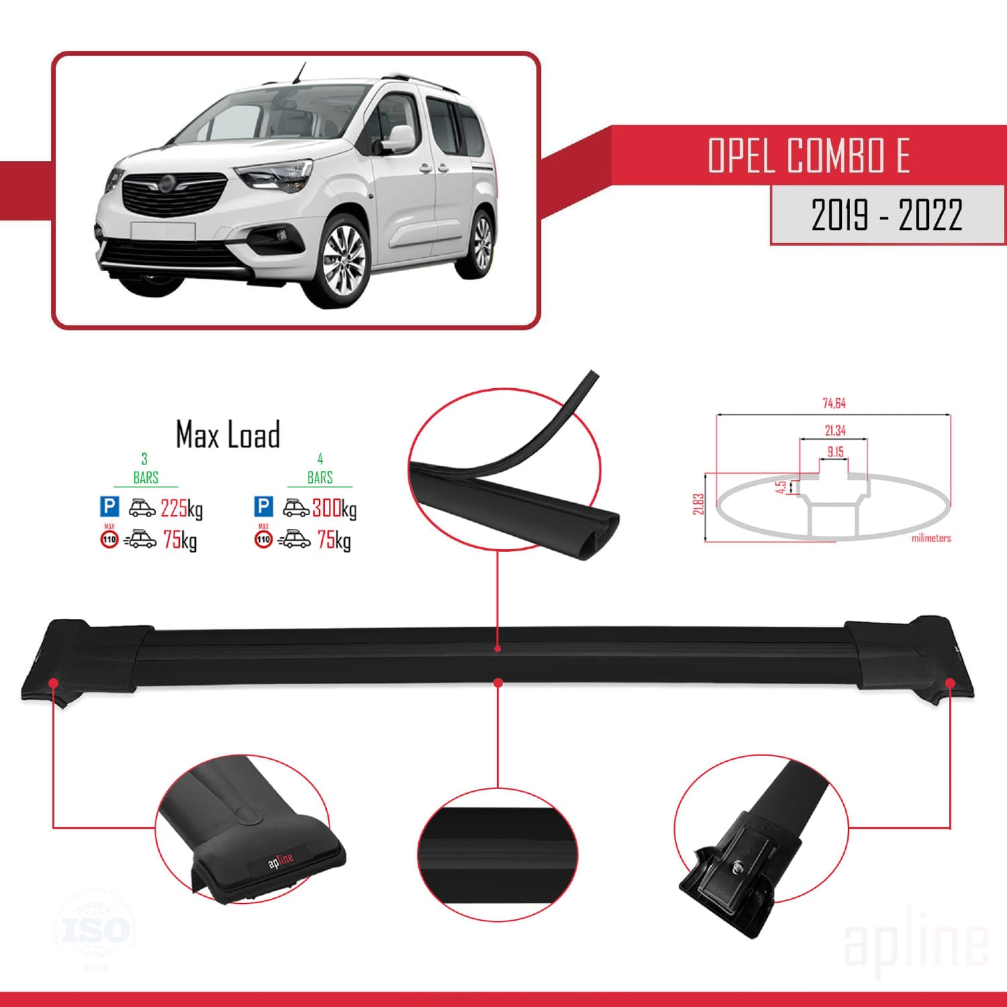 Compatible avec Opel Combo E 2019-2022 FLY Model Barres de Toit Railing Porte-Bagages de Voiture Noir Aluminium 4 Barres