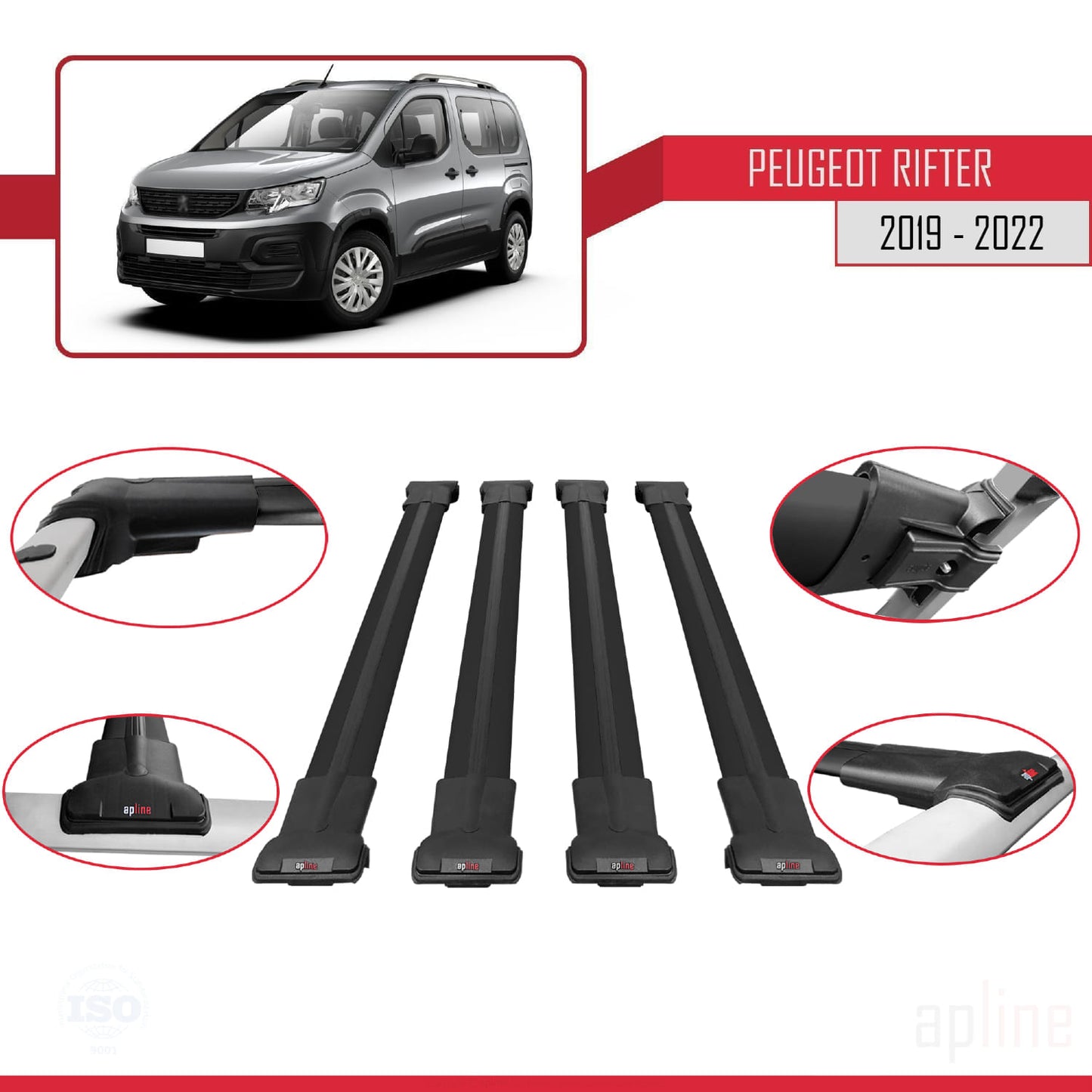 Compatible avec Peugeot Rifter 2019-2022 FLY Model Barres de Toit Railing Porte-Bagages de Voiture Noir Aluminium 4 Barres