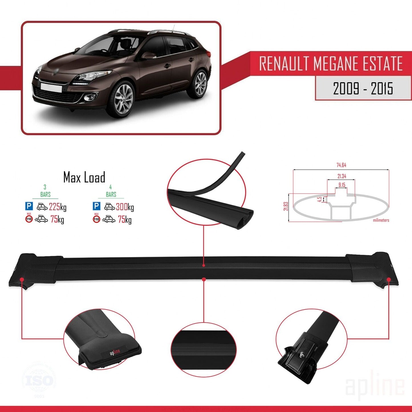 Compatibile con Renault Megane 3 ST 2009-2015 FLY Model Barre Tetto Portapacchi Auto Barre Portatutto Nero Alluminio 3 Barre