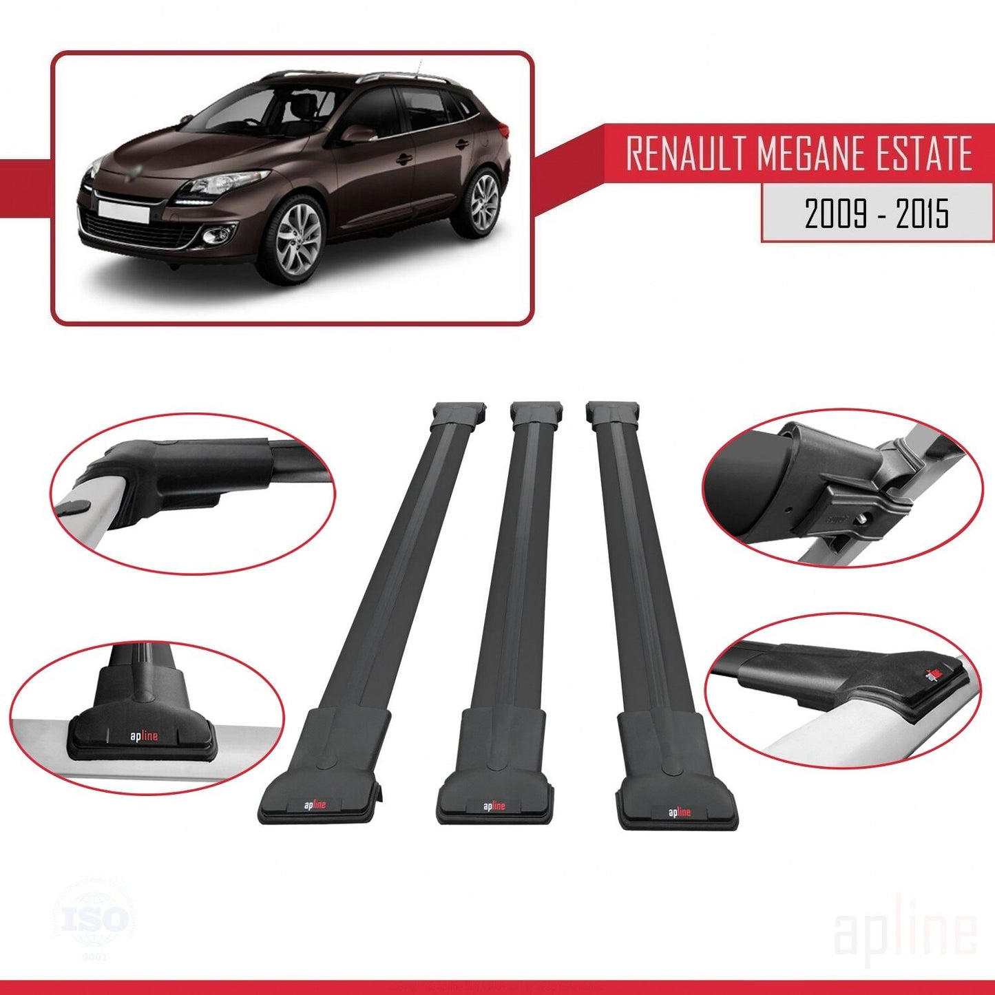 Compatibile con Renault Megane 3 ST 2009-2015 FLY Model Barre Tetto Portapacchi Auto Barre Portatutto Nero Alluminio 3 Barre
