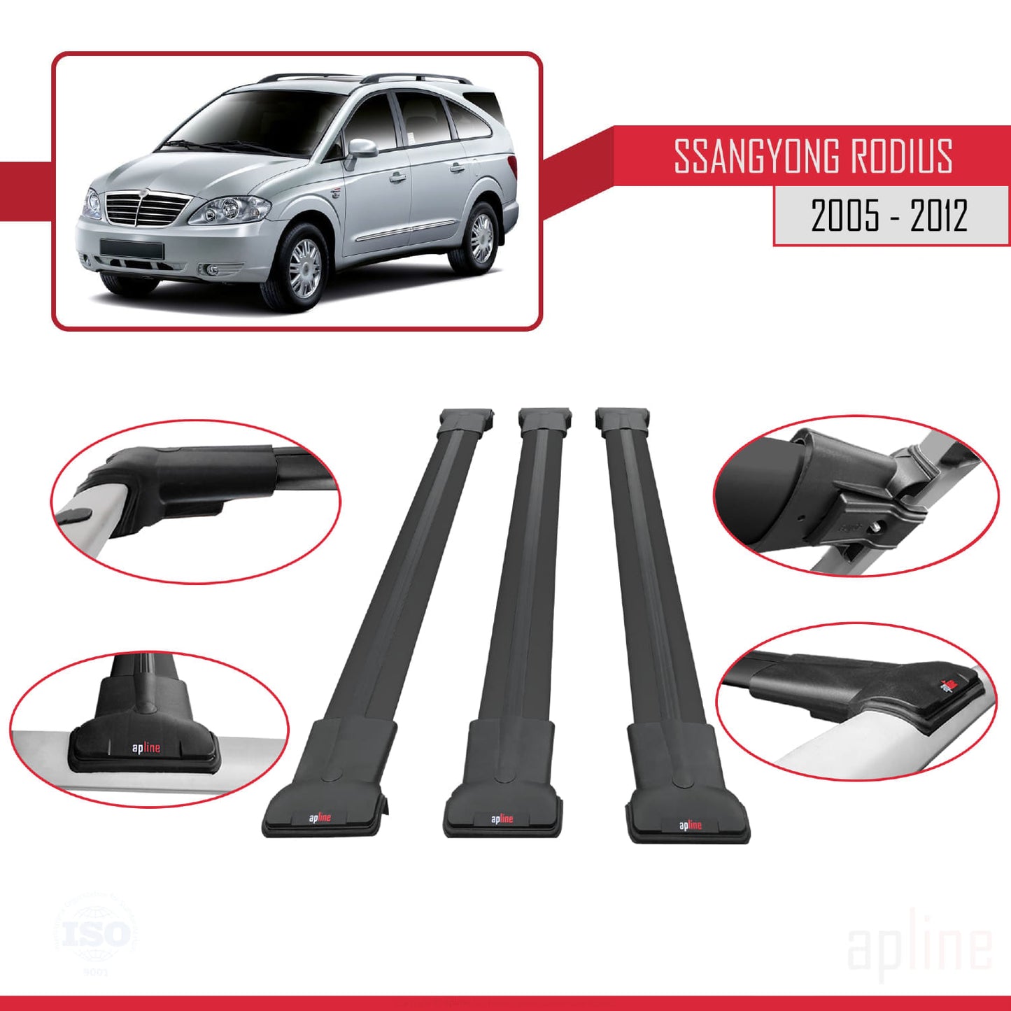 Compatible avec Ssangyong Rodius 2005-2012 FLY Model Barres de Toit Railing Porte-Bagages de Voiture Noir Aluminium 3 Barres