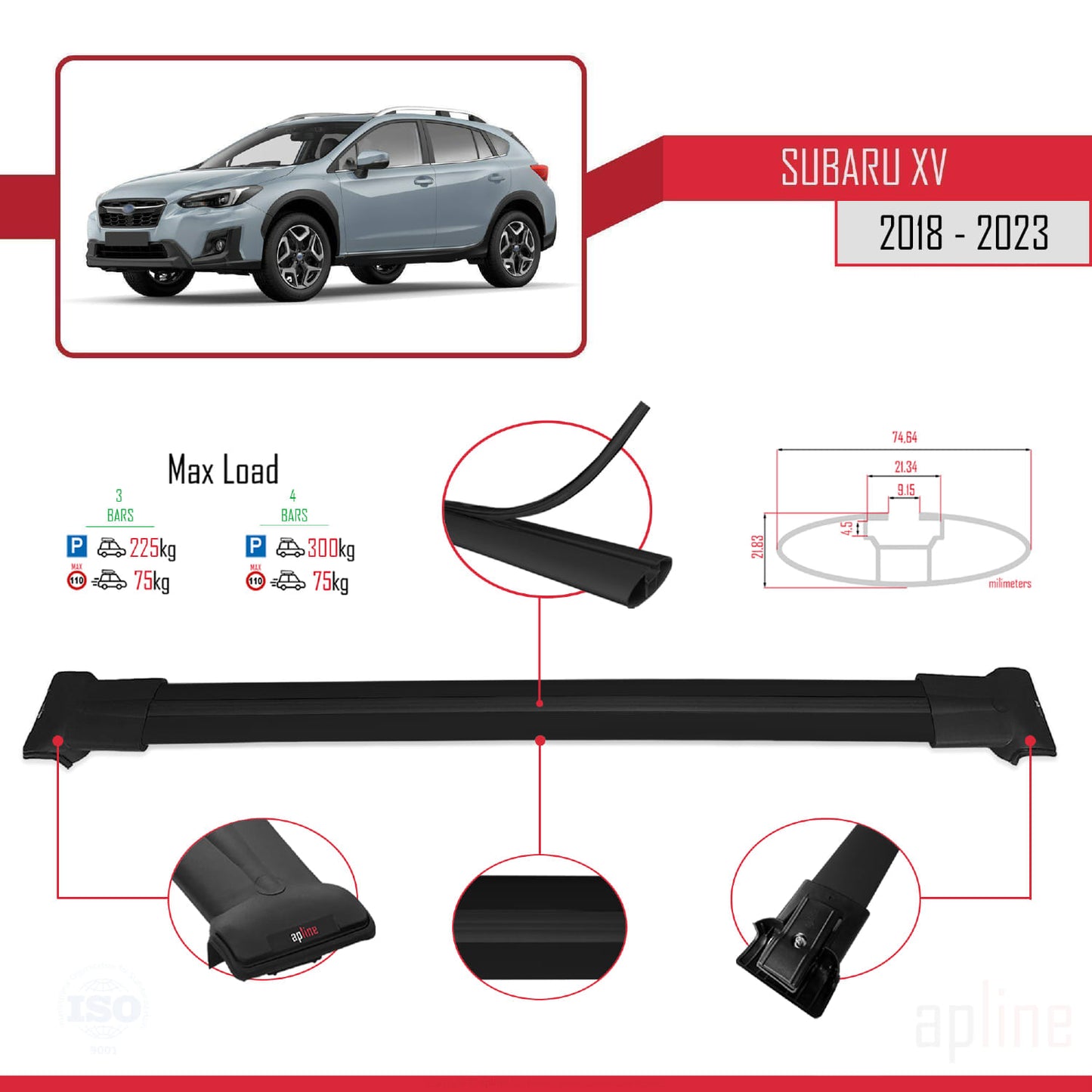 Compatible con Subaru XV 2 2018-2023 FLY Model Barras de Techo Auto Portaequipajes Barras Transversales Negro Aluminio 3 Barras