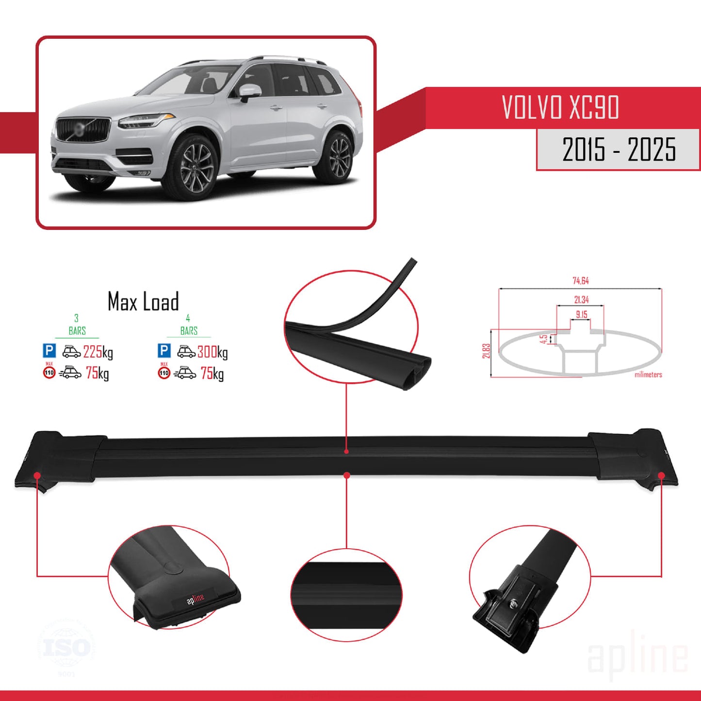 Compatible avec Volvo XC90 II 2015-2025 FLY Model Barres de Toit Railing Porte-Bagages de Voiture Noir Aluminium 3 Barres