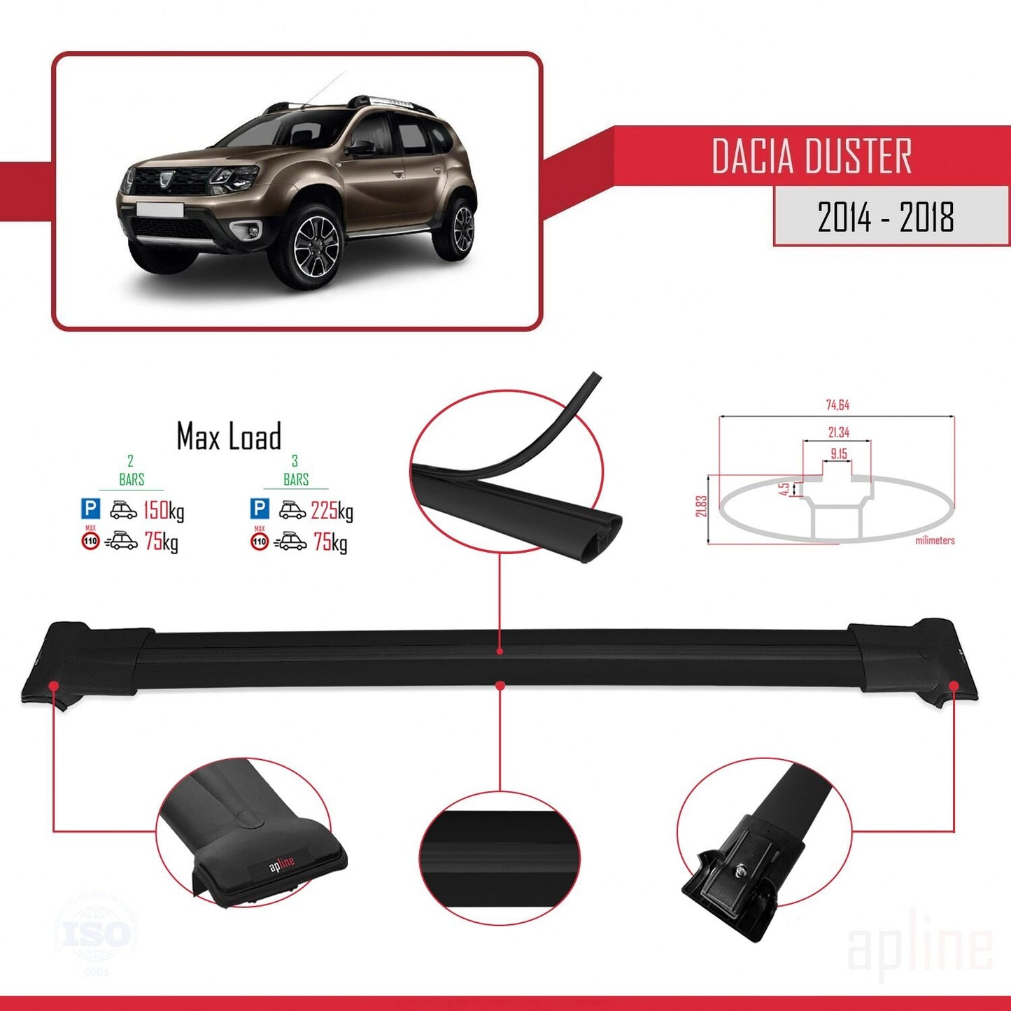 Compatible con Dacia Duster (HS) Post-Facelift 2014-2017 FLY Model Barras de Techo Auto Portaequipajes Barras Transversales Negro Aluminio 2 Barras