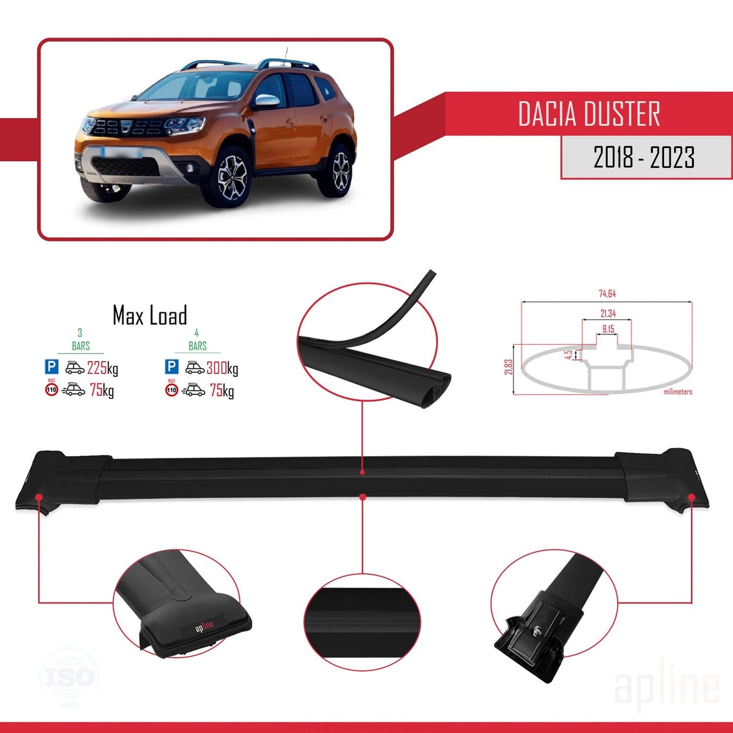 Compatible avec Dacia Duster 2 (HM) 2018-2024 FLY Model Barres de Toit Railing Porte-Bagages de Voiture Noir Aluminium 3 Barres