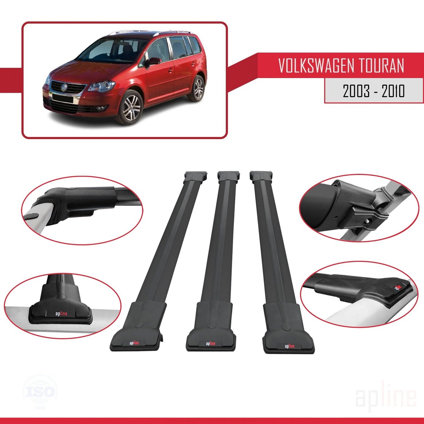 Compatible con Volkswagen Touran (1T) Pre-Facelift 2003-2010 FLY Model Barras de Techo Auto Portaequipajes Barras Transversales Negro Aluminio 3 Barras