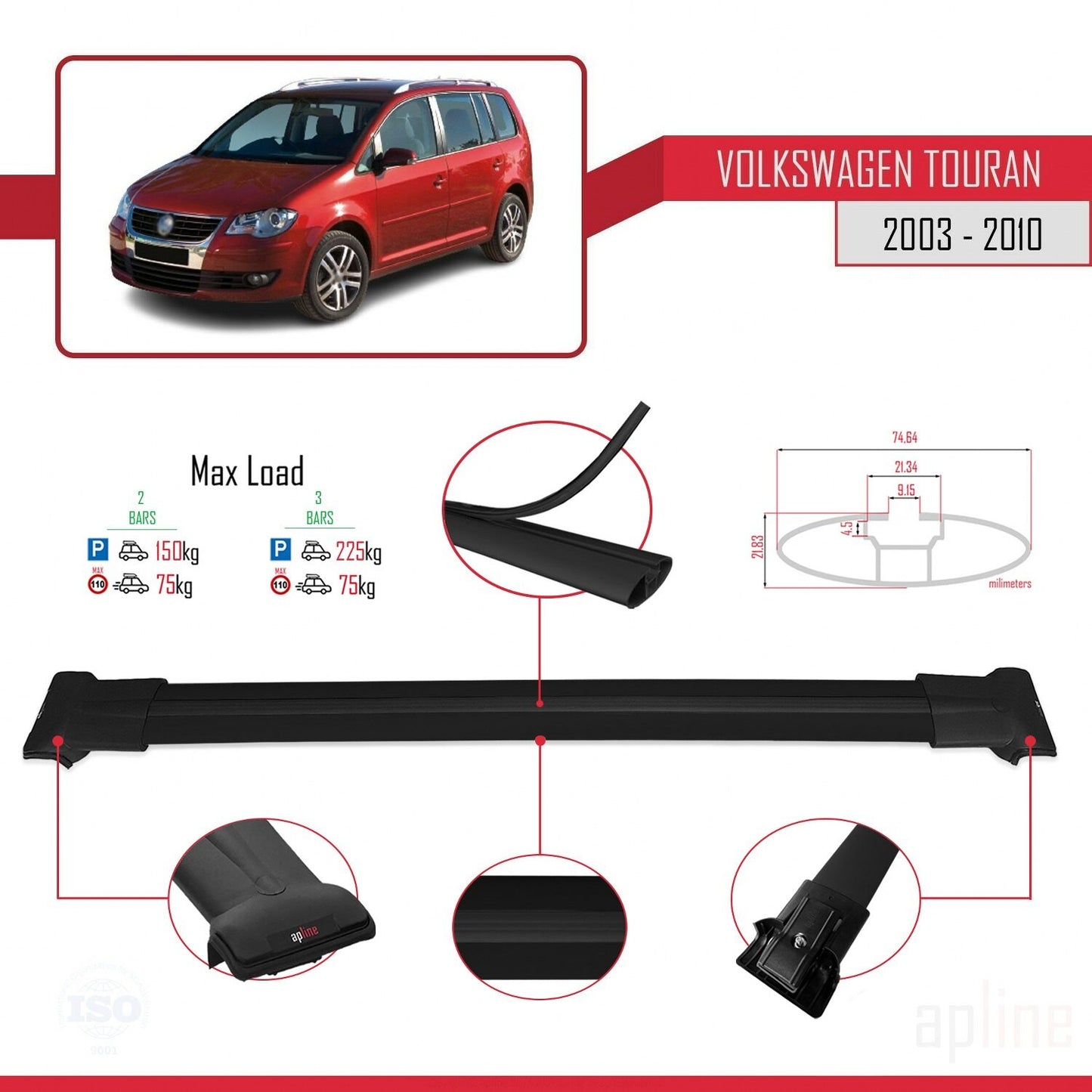 Compatible con Volkswagen Touran (1T) Post-Facelift 2010-2015 FLY Model Barras de Techo Auto Portaequipajes Barras Transversales Negro Aluminio 3 Barras