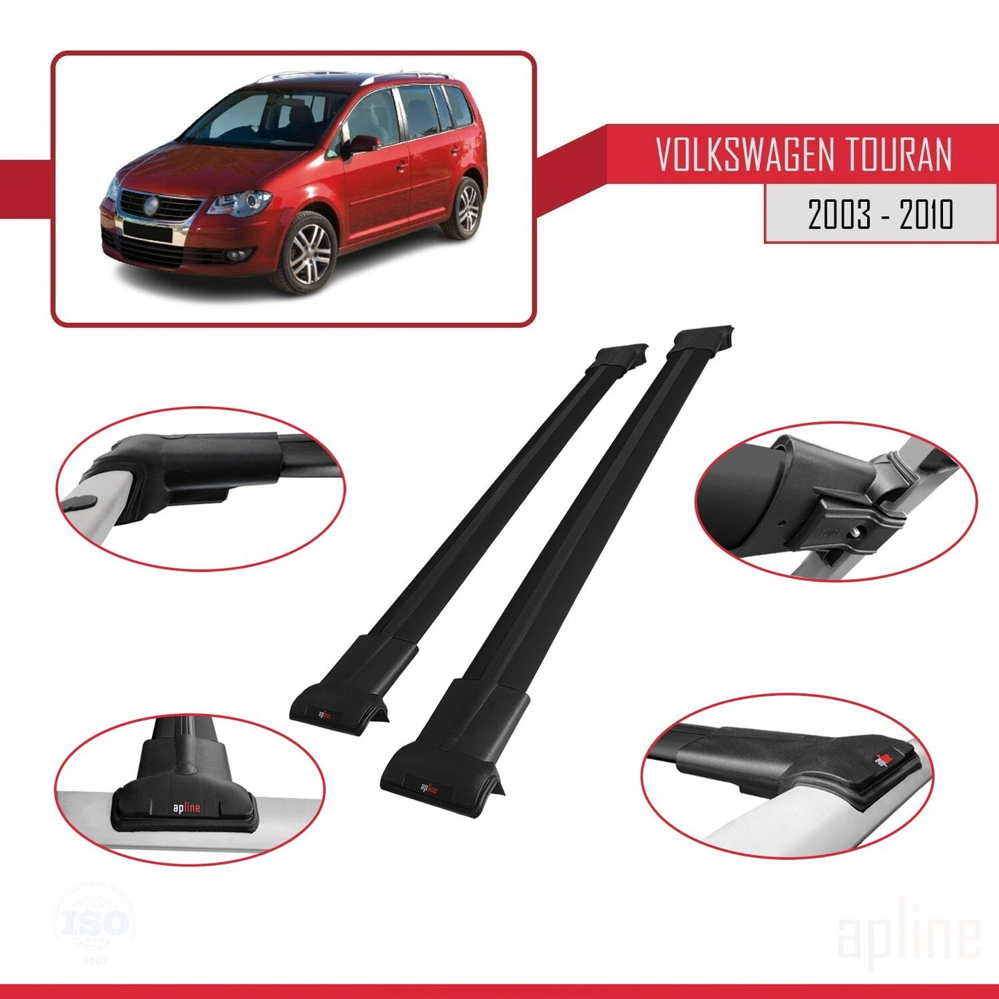 Compatible con Volkswagen Touran (1T) Post-Facelift 2010-2015 FLY Model Barras de Techo Auto Portaequipajes Barras Transversales Negro Aluminio 3 Barras