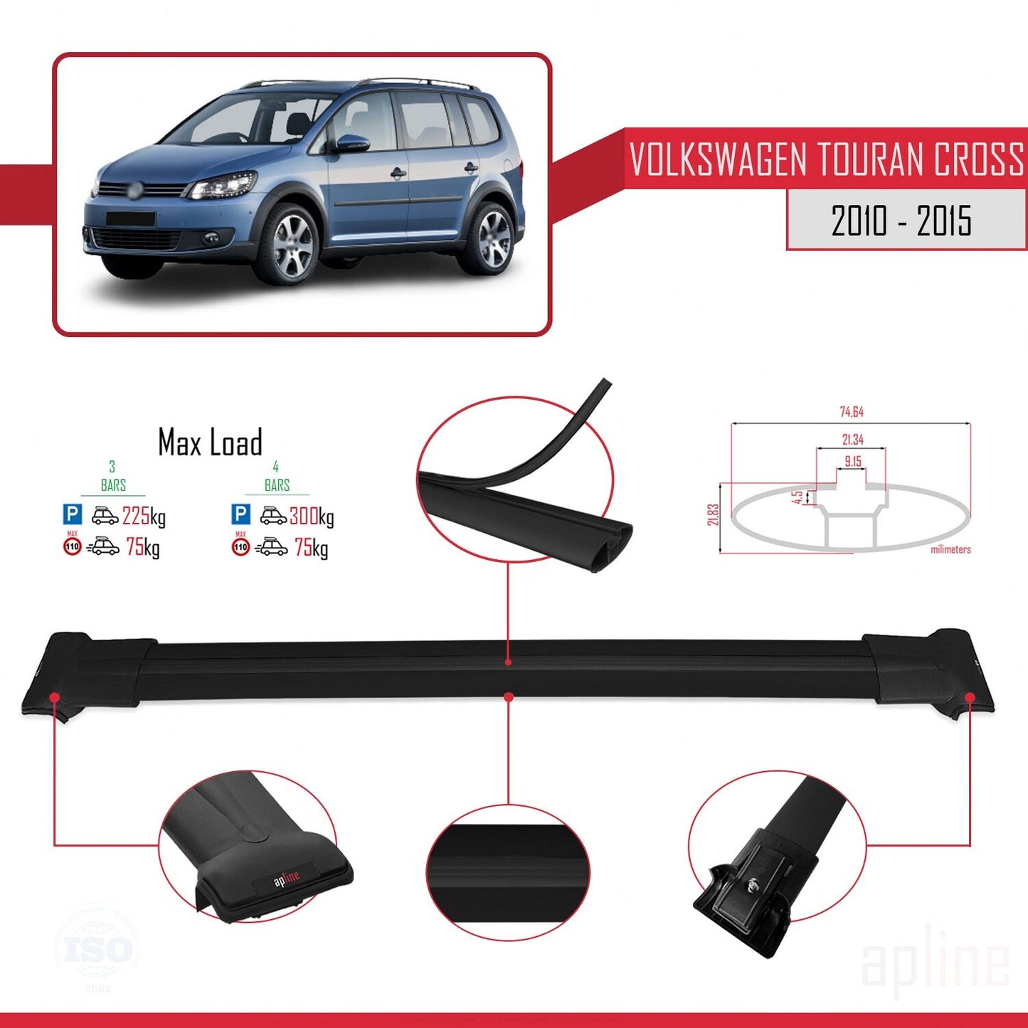Compatible con Volkswagen Touran Cross Post-Facelift 2010-2015 FLY Model Barras de Techo Auto Portaequipajes Barras Transversales Negro Aluminio 3 Barras