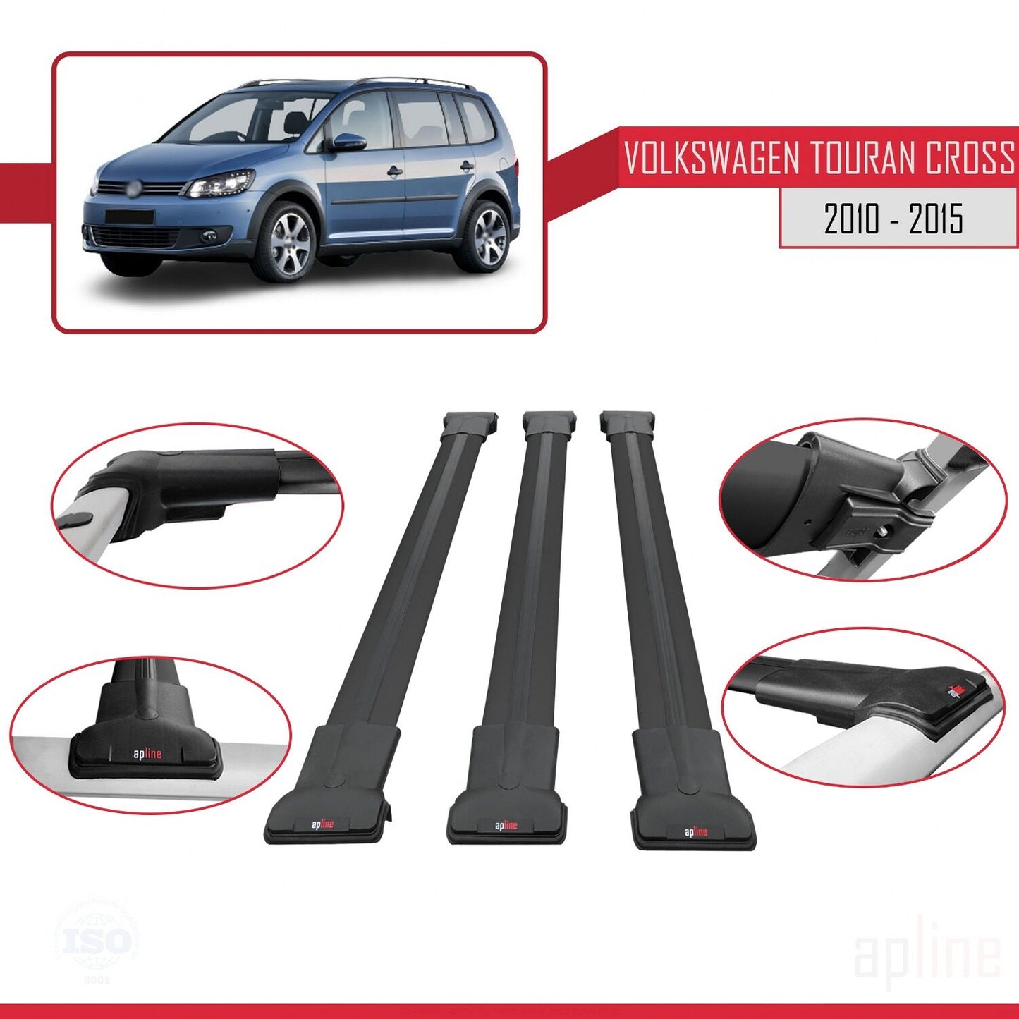 Compatible con Volkswagen Touran Cross Post-Facelift 2010-2015 FLY Model Barras de Techo Auto Portaequipajes Barras Transversales Negro Aluminio 3 Barras
