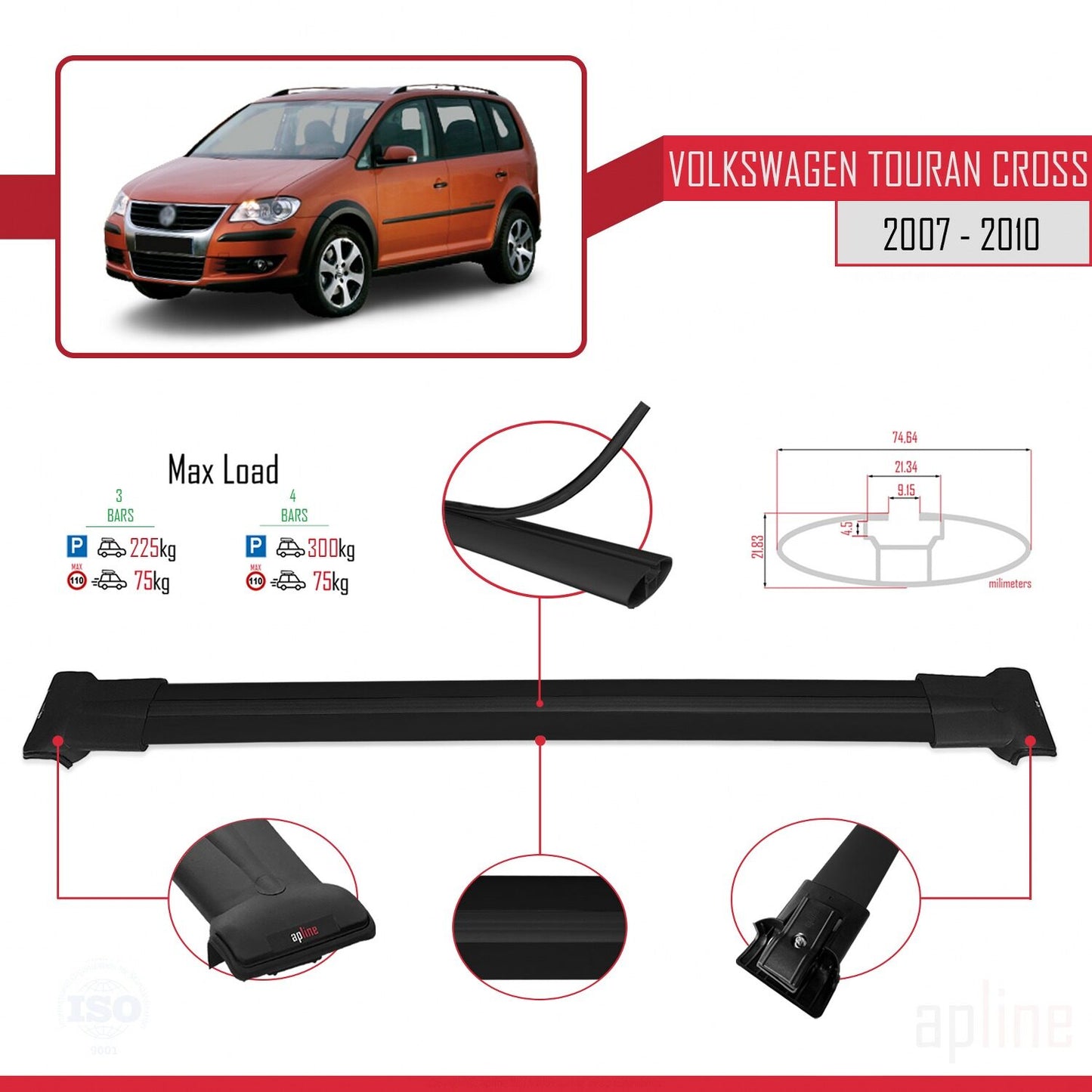Compatible con Volkswagen Touran Cross Pre-Facelift 2007-2010 FLY Model Barras de Techo Auto Portaequipajes Barras Transversales Negro Aluminio 3 Barras